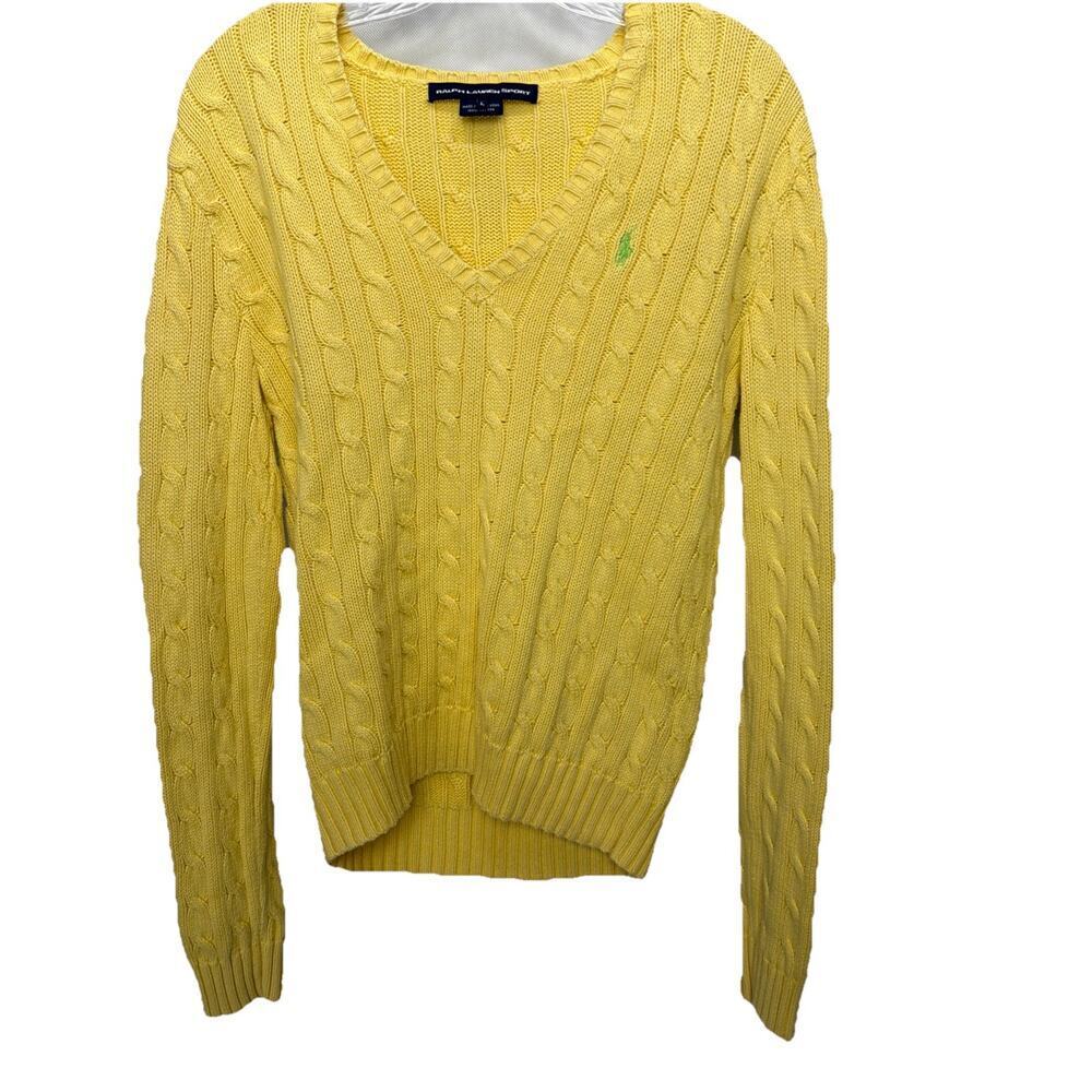 Vintage Ralph Lauren Sport V Neck Cable Knit Sweater Womens L Yellow Preppy Pony